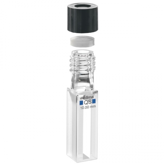 Hellma 117.104-QS Sealable Absorption Cell for anaerobic applications, Open Screw Cap, Quartz SUPRASIL Glass, 200-2500 nm, 1400 ul, 10 mm Path Length, 2/Pk - 117-104-10-K-40 - Click Image to Close