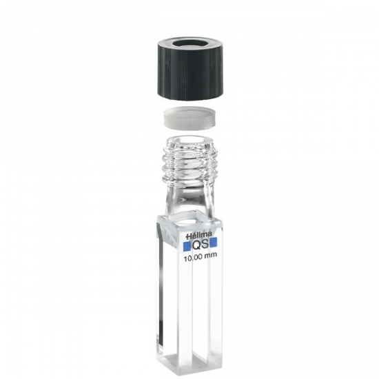 Hellma 117.104F-QS Sealable Fluorescence Cell for anaerobic applications, Open Screw Cap, Quartz SUPRASIL Glass, 200-2500 nm, 1400 ul, 10 x 4 mm Path Length, 1/Pk - 117104F-10-40 - Click Image to Close