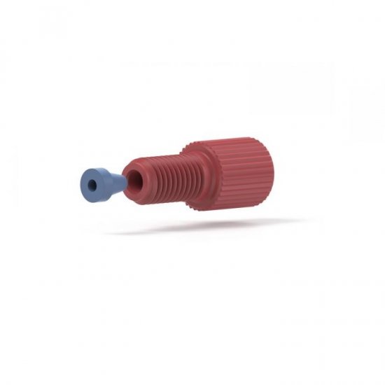 Upchurch Scientific Flangeless Nut/Ferrule Fitting System for 1/16 inch OD Tubing, 1/4-28 Flat-Bottom, Standard Knurl, Delrin/ETFE, Red/Blue, Single - XP-202 - Click Image to Close