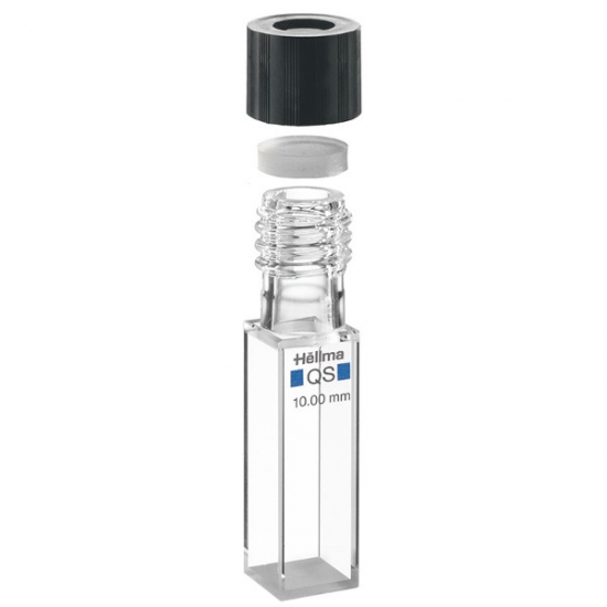 Hellma 117.100F-QS Sealable Absorption Cell for anaerobic applications, Open Screw Cap, Quartz SUPRASIL Glass, 200-2500 nm, 3500 ul, 10 x 10 mm Path Length, 2/Pk - 117100F-10-K-40 - Click Image to Close