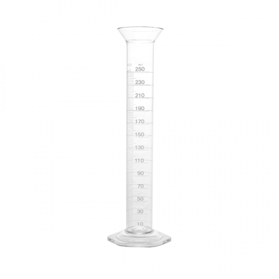 QLA 250mL Clear Glass Funnel Top Graduated Cylinder, Agilent/Vankel compatible, Hexagonal Base, Serialised - GLA250-01 (52-5020) - Click Image to Close