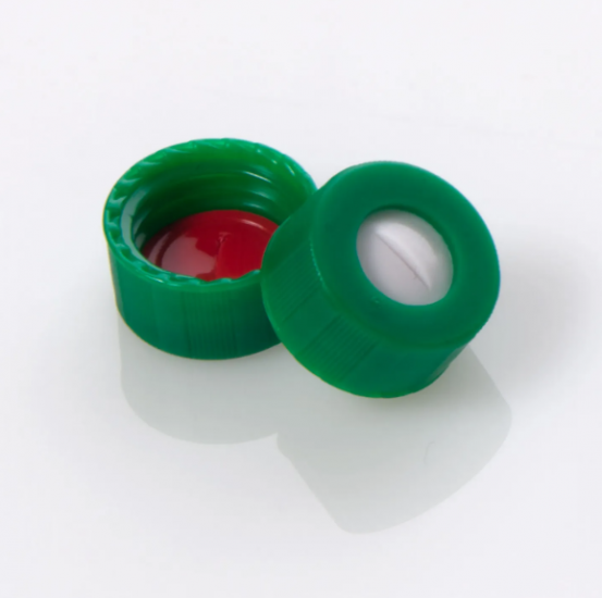 CTS Sciencix Screw Cap 9-425 Open Top, Polypropylene with 0.040 inch Bonded Pre-Slit PTFE/Silicone Septa, Green, 100/pk - 11-1093 - Click Image to Close