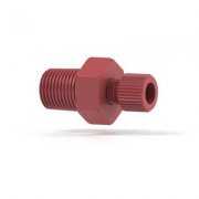 Upchurch Scientific National Pipe Threaded Adapter for 1/8 inch OD Tubing, 1/8 NPT Male to 1/4-28 Flat-Bottom Female, PEEK, Red, 100/pk - U-510C