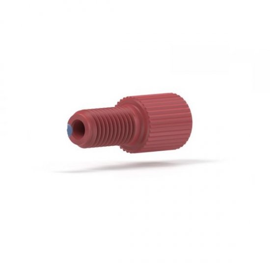 Upchurch Scientific Flangeless Male Nut for 1/16 inch OD Tubing, 1/4-28 Flat-Bottom, Standard Knurl, Delrin, Red, Single - P-202 - Click Image to Close