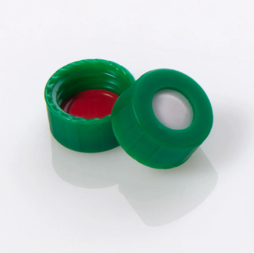 CTS Sciencix Screw Cap 9-425 Open Top Polypropylene with 0.040 inch Bonded PTFE/Silicone Septa, Green, 100/pk - 11-2156 - Click Image to Close