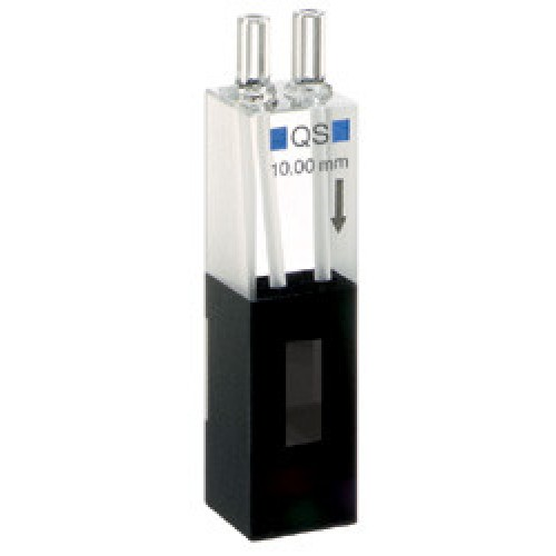 Hellma 176.762-QS Semi-micro Absorption Cell for Flow-Through Measurements, in/outlet tubes, Quartz SUPRASIL Glass, 200-2500 nm, 450 ul, 10 mm Light Path, 1/Pk - 176-85-10-40 - Click Image to Close